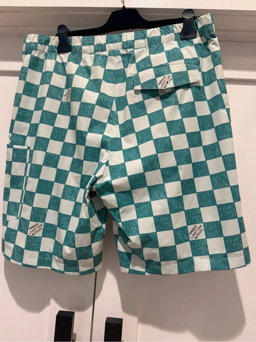 Louis Vuitton Teal and White Checkerboard Swim Trunks